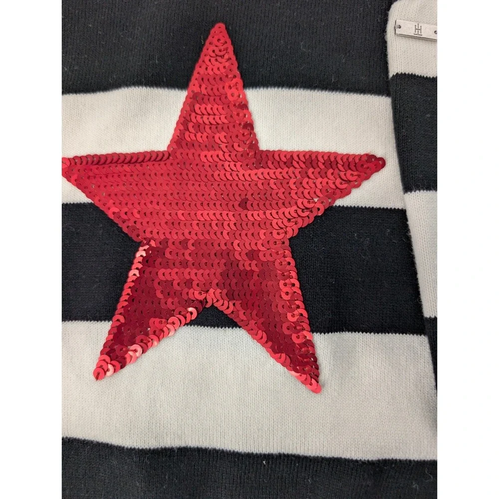Tommy Hilfiger Womens Striped Sequin Star Sweater Black White Red Cotton L